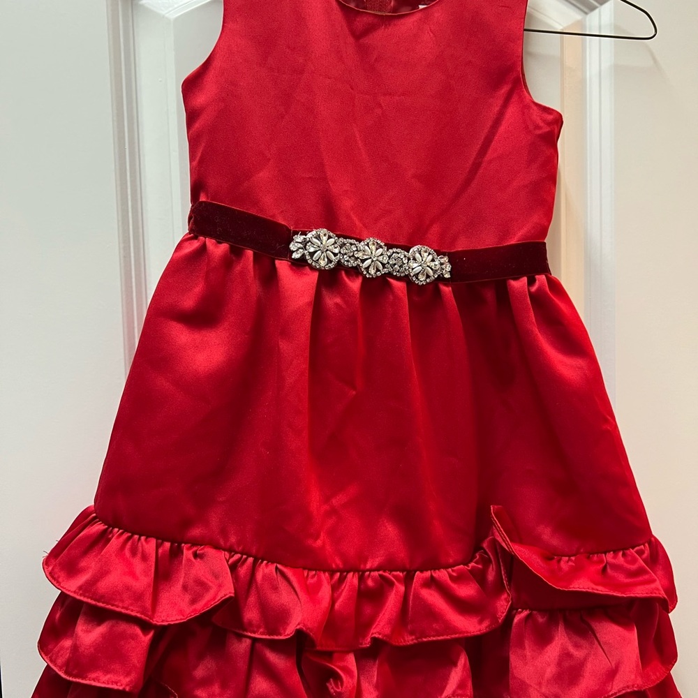 Rare Editions Red Kids Dress with Silver Floral Belt - size 6